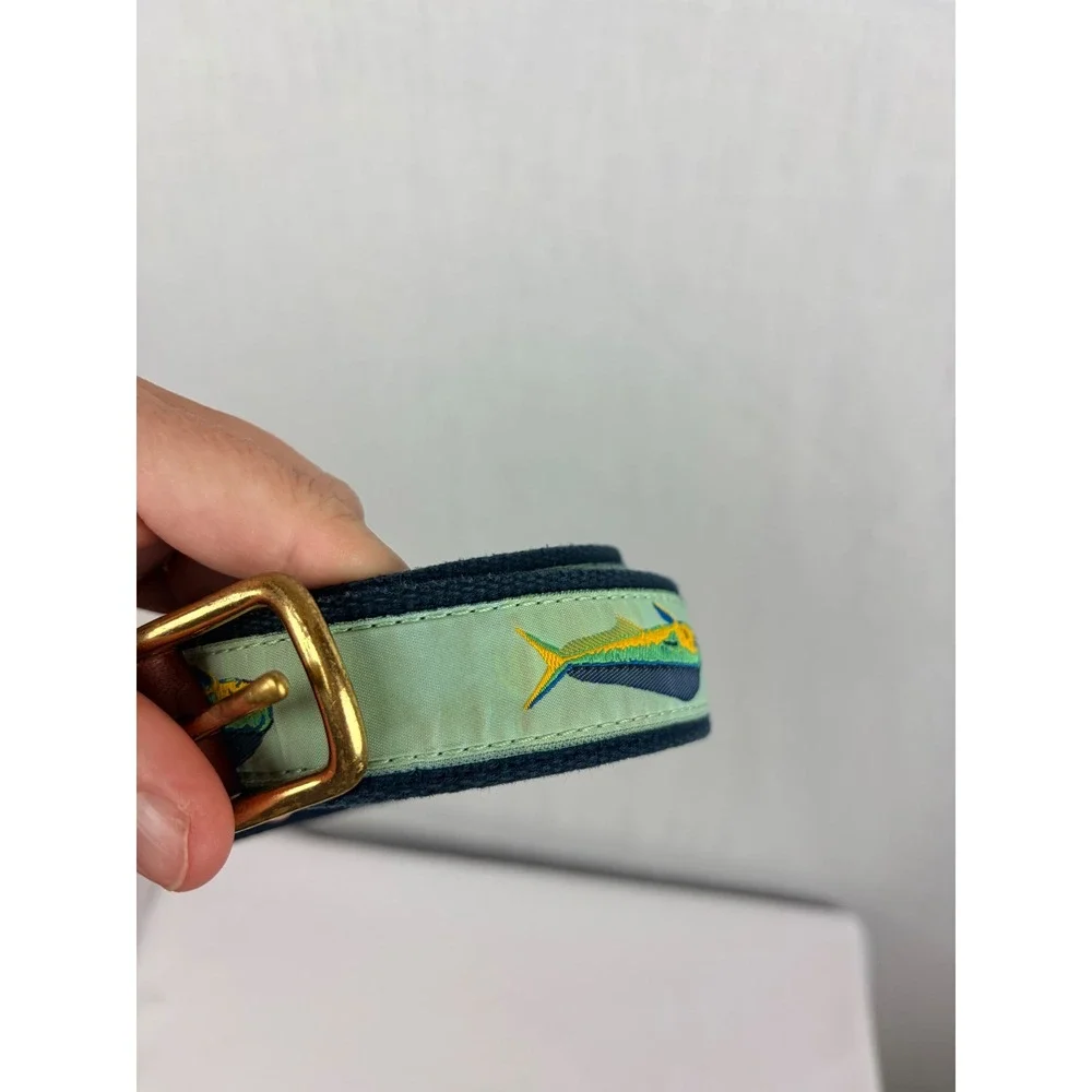 Preston New England Mens Mahi Mahi Fish Surcingle Belt Blu Green Leather Size 32